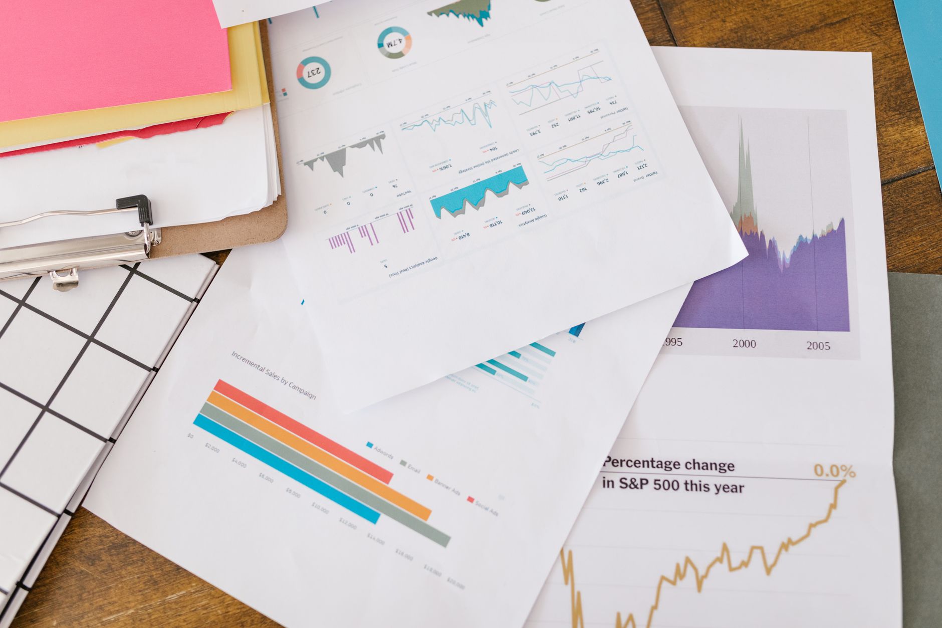 Printed analytics charts and graphs